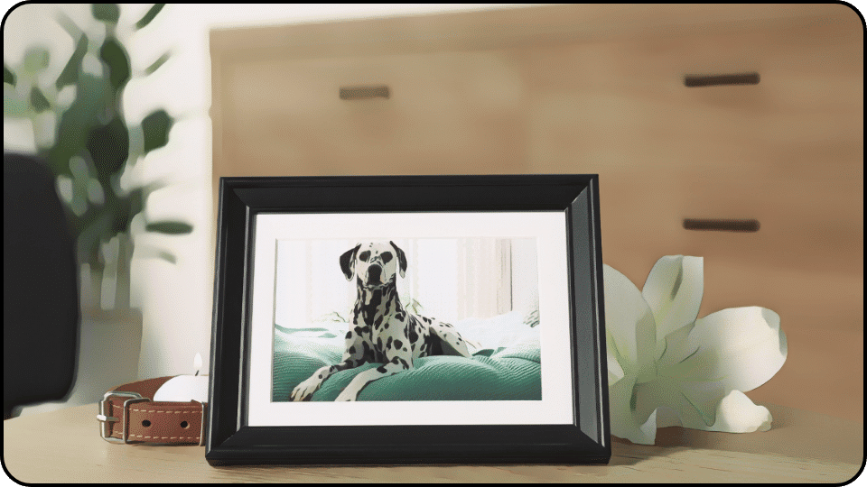How deep to bury a dog A dalmatian dog is comfortably sitting on a bed surrounded by a sleek black frame exuding a peaceful vibe 1