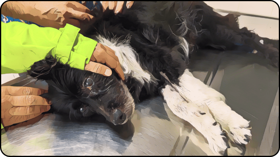 How deep to bury a dog A relaxed dog lying on a table its head comfortably placed on a persons hand showcasing a sweet bond