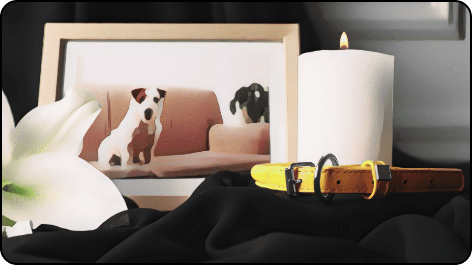 How deep to bury a dog A yellow dog collar and a candle beside a framed photo of a dog on a table