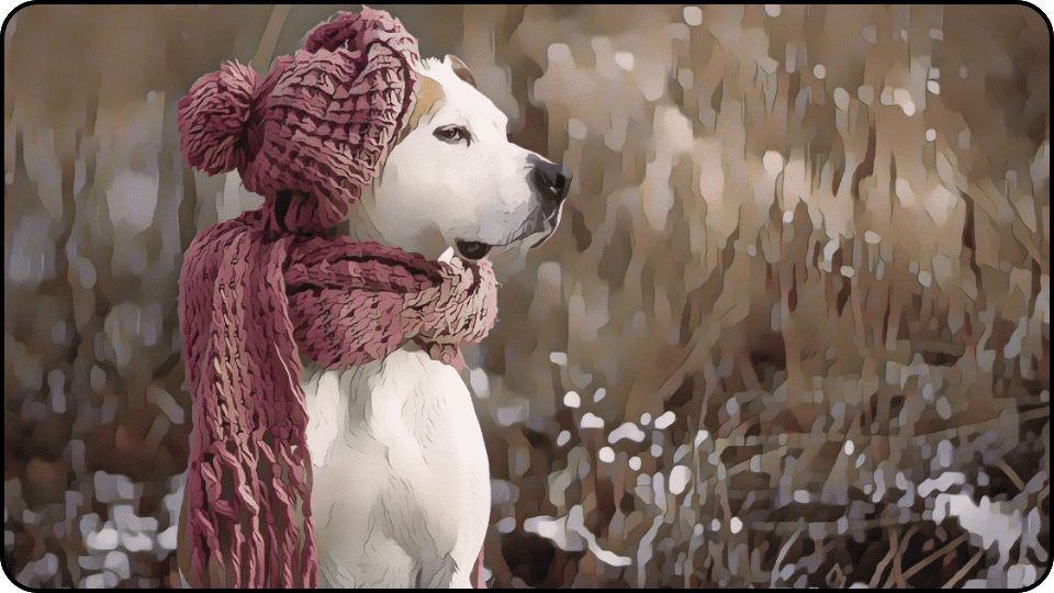 How to Insulate a Dog House A cheerful dog sporting a pink hat and scarf radiating warmth and style in a playful outdoor setting