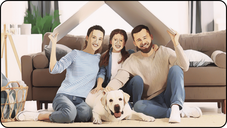 How to Insulate a Dog House A cheerful family gathers on the floor with their dog creating a warm and loving atmosphere in their house