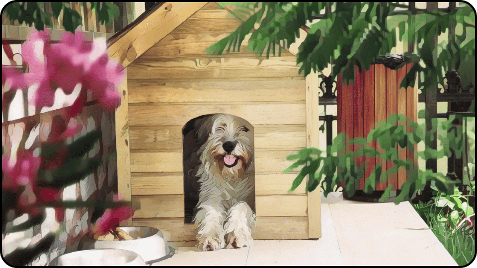 How to Insulate a Dog House A playful dog lounging in a rustic wooden dog house showcasing its cozy and inviting living space