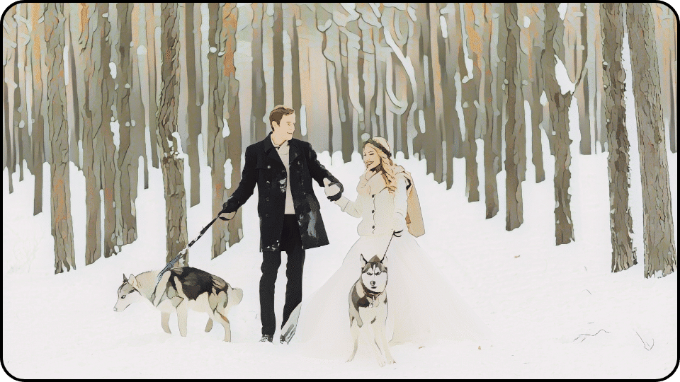 How to Insulate a Dog House In a snowy setting a bride and groom stroll hand in hand with their playful husky dogs capturing a moment of love and joy