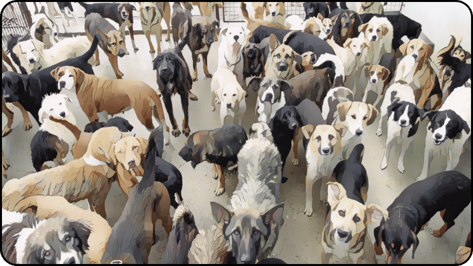 how to introduce a puppy to a dominant dog A large group of dogs sitting together in a cage looking out with curious expressions and wagging tails