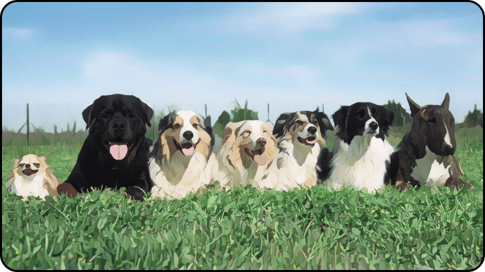 how to introduce a puppy to a dominant dog A variety of dogs sitting happily in the grass basking in the sun and enjoying each others company