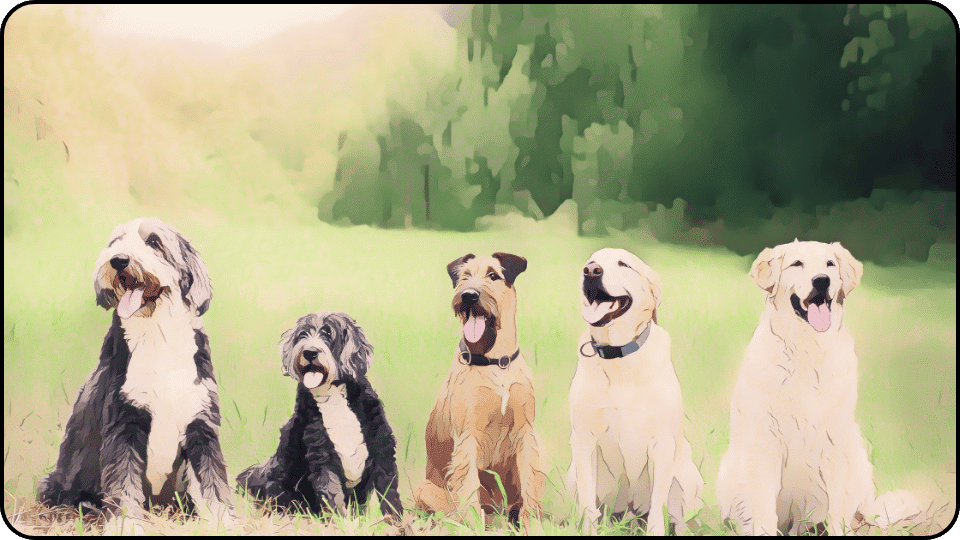 how to introduce a puppy to a dominant dog Five happy dogs sitting together in a sunny field enjoying the fresh air and each others company