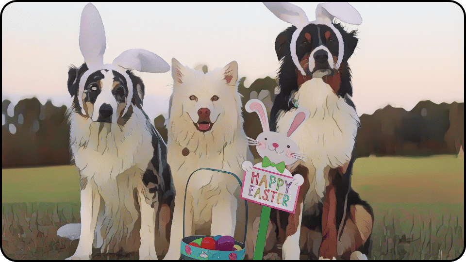 how to introduce a puppy to a dominant dog Three adorable dogs in festive Easter hats pose next to a basket overflowing with colorful eggs and treats