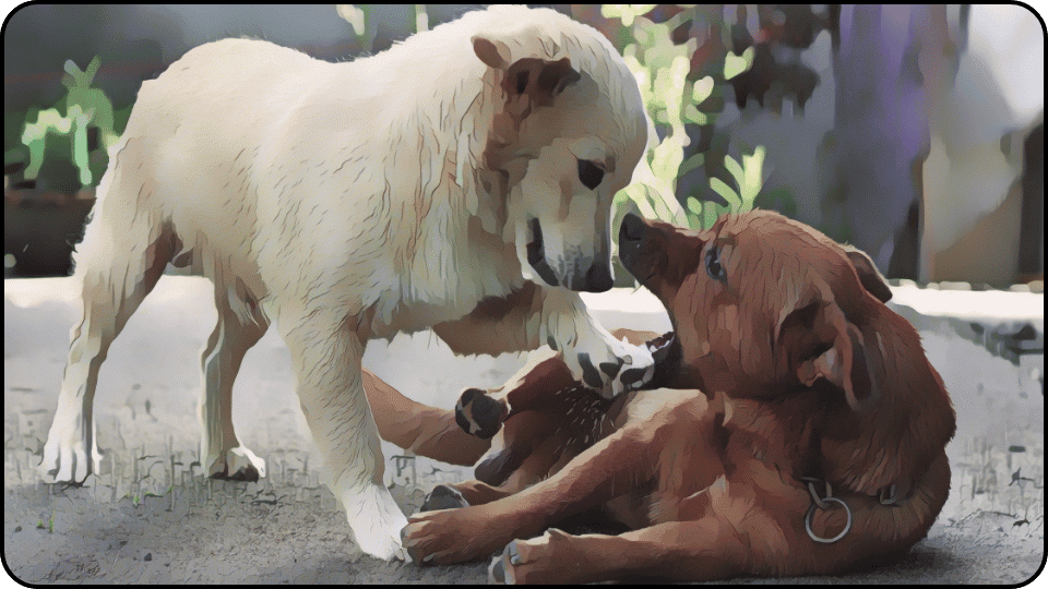 how to introduce a puppy to a dominant dog Two dogs on the ground playfully fighting with each other capturing a moment of fun and energy in their playful rivalry