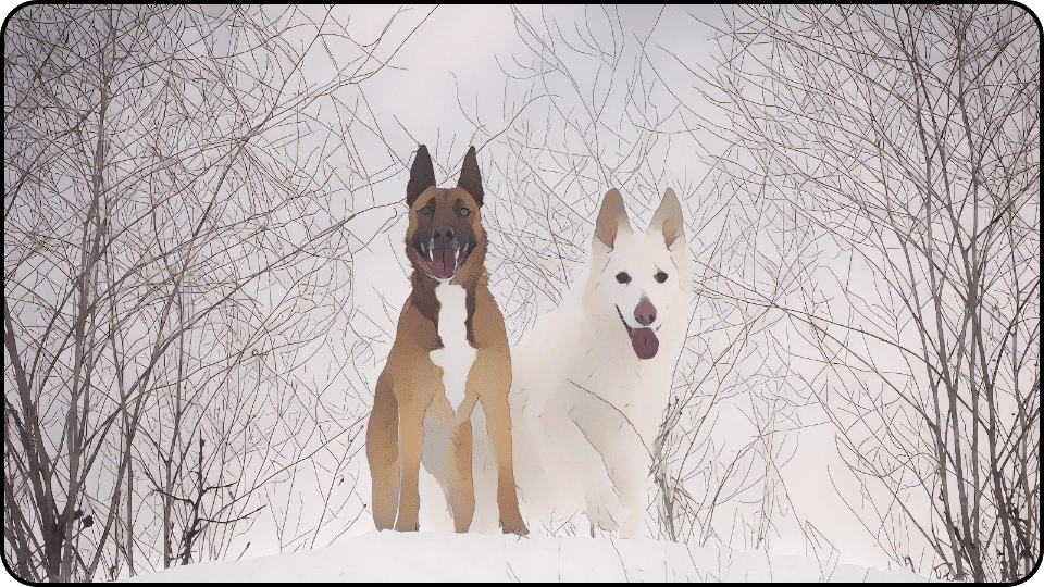 how to introduce a puppy to a dominant dog Two happy dogs in the snow their tails wagging as they explore the winter wonderland around them