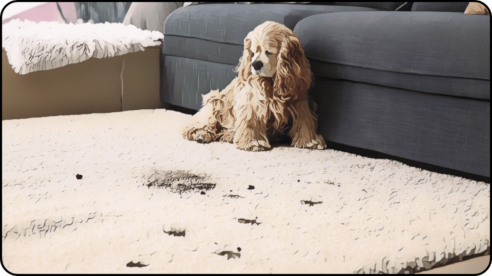 How to Get Dog Pee Out of Couch A cheerful dog rests on a soft carpet with cute paw prints scattered around